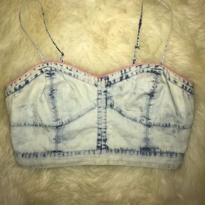 A&E Light denim crop top with hot pink frills
